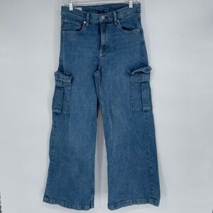 GAP Women High Rise Stride Cargo Jeans Wide Leg Medium Wash Size 6 Short